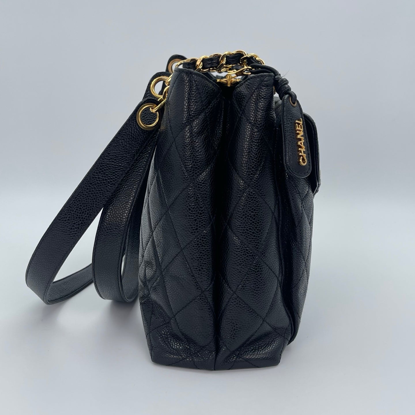 Chanel Black/Gold Caviar Leather Tote Shoulder Bag with CC Flap Pocket [Used]