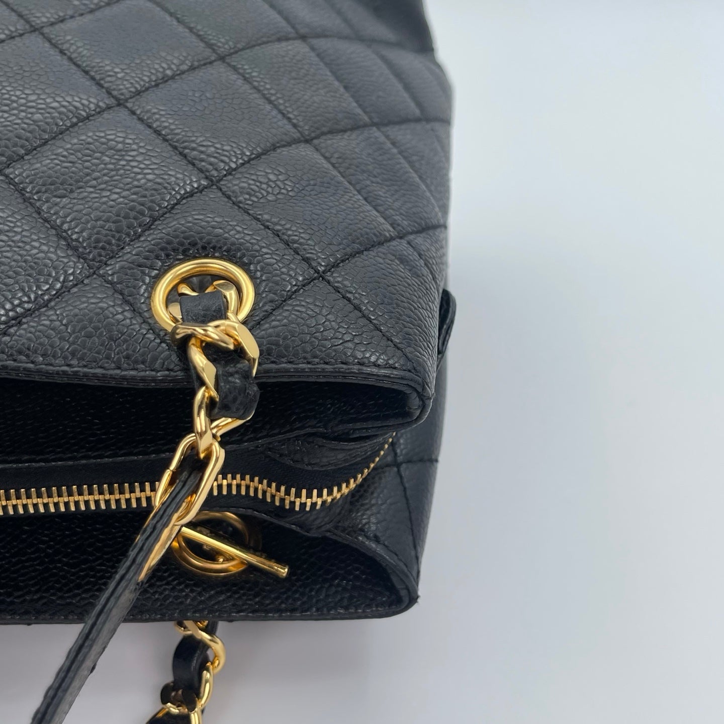 Chanel Black/Gold Caviar Leather Tote Shoulder Bag with CC Flap Pocket [Used]