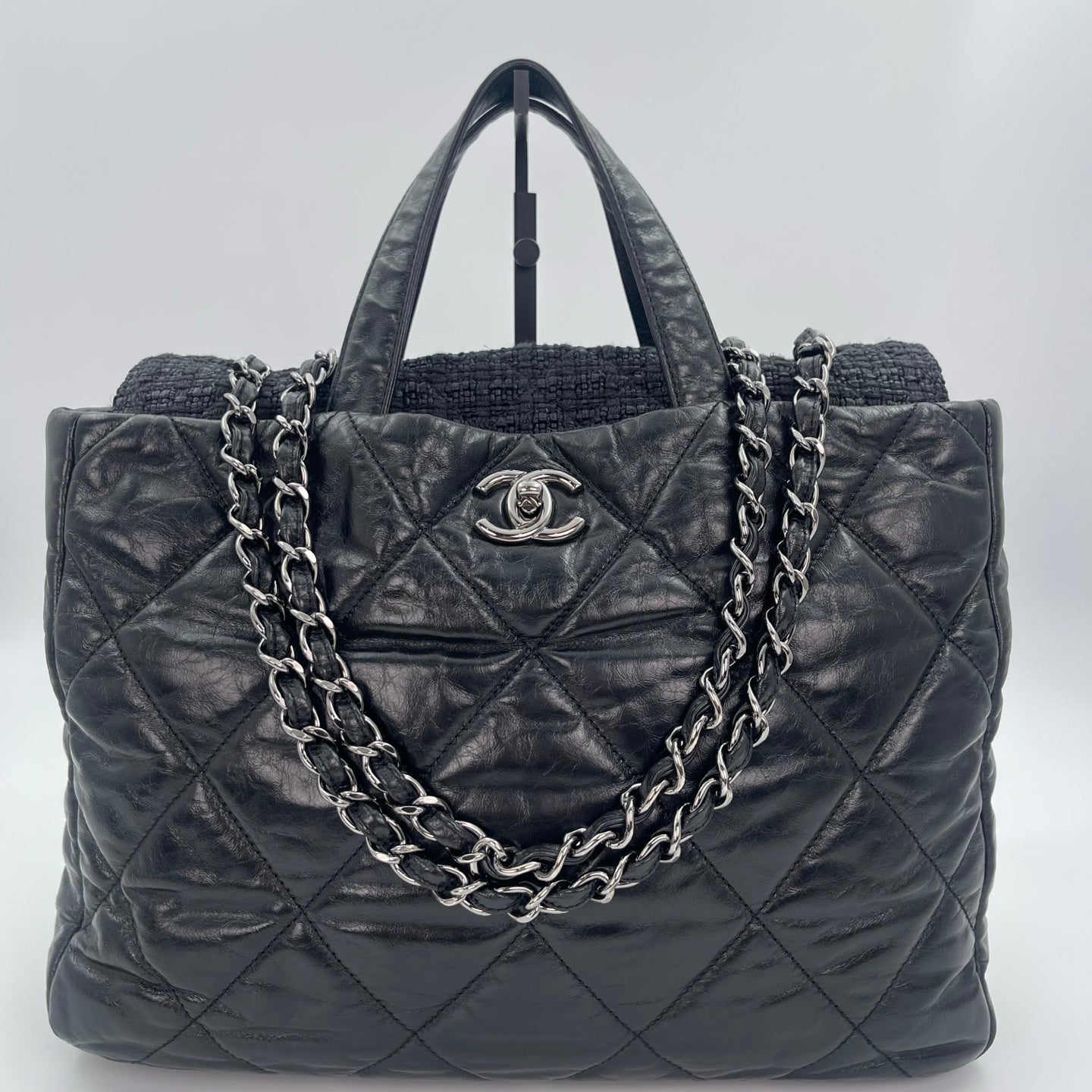 Chanel Tweed & Waxed Calfskin Quilted 2-Way Puffy Tote Bag Black/Silver [Used]