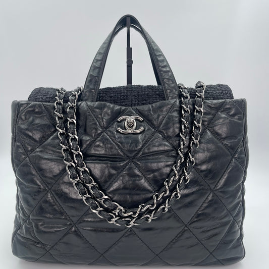 Chanel Tweed & Waxed Calfskin Quilted 2-Way Puffy Tote Bag Black/Silver [Used]