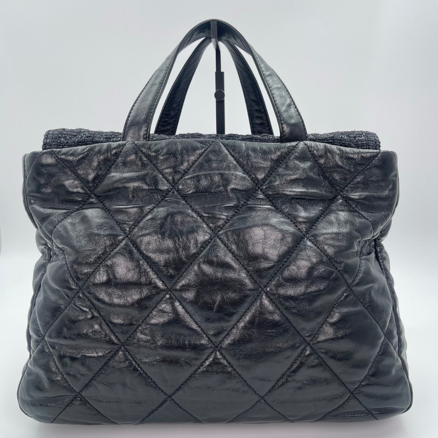 Chanel Tweed & Waxed Calfskin Quilted 2-Way Puffy Tote Bag Black/Silver [Used]