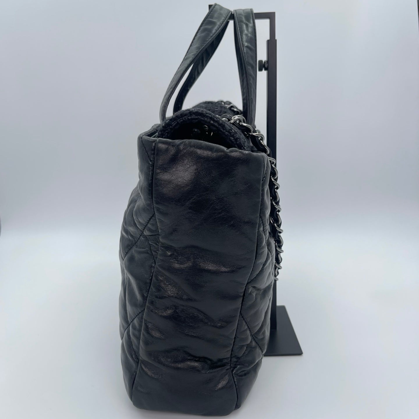 Chanel Tweed & Waxed Calfskin Quilted 2-Way Puffy Tote Bag Black/Silver [Used]