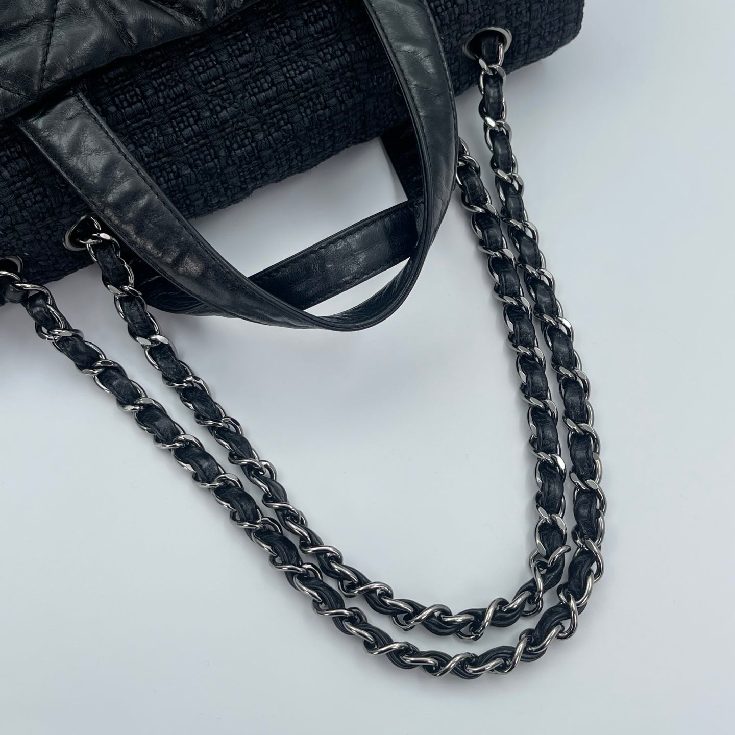 Chanel Tweed & Waxed Calfskin Quilted 2-Way Puffy Tote Bag Black/Silver [Used]