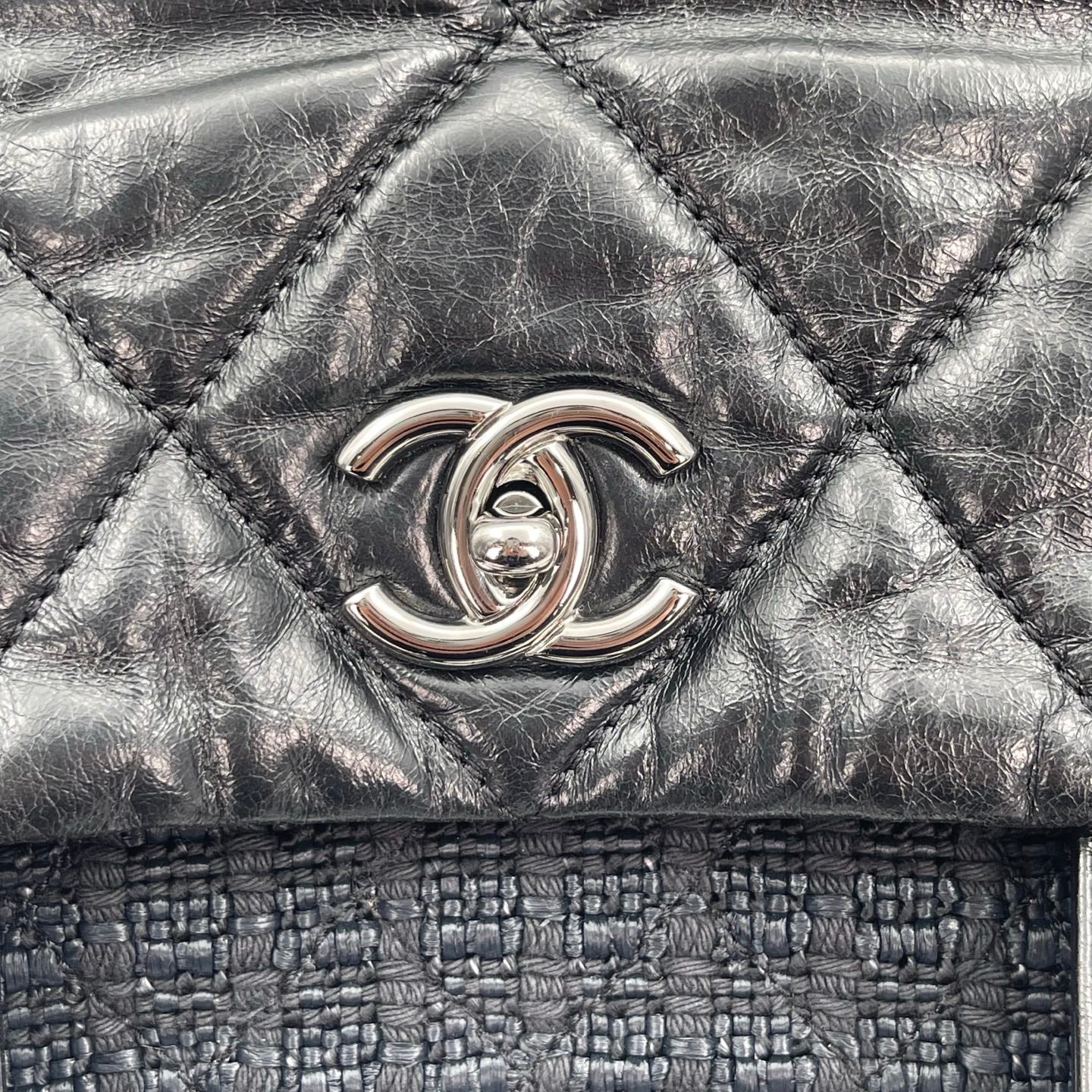 Chanel Tweed & Waxed Calfskin Quilted 2-Way Puffy Tote Bag Black/Silver [Used]