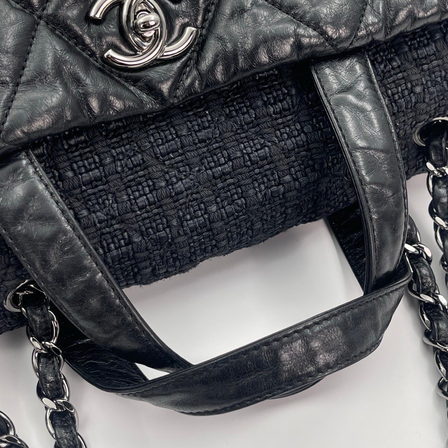 Chanel Tweed & Waxed Calfskin Quilted 2-Way Puffy Tote Bag Black/Silver [Used]