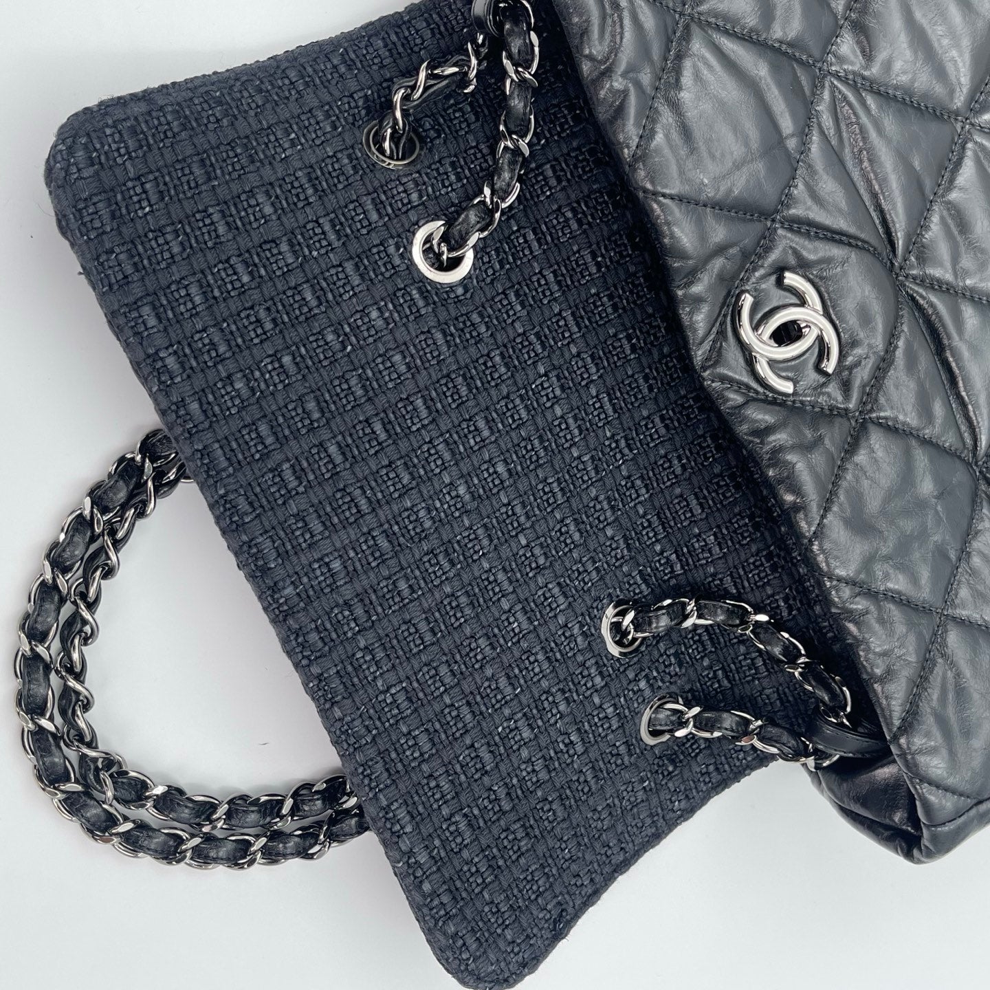 Chanel Tweed & Waxed Calfskin Quilted 2-Way Puffy Tote Bag Black/Silver [Used]