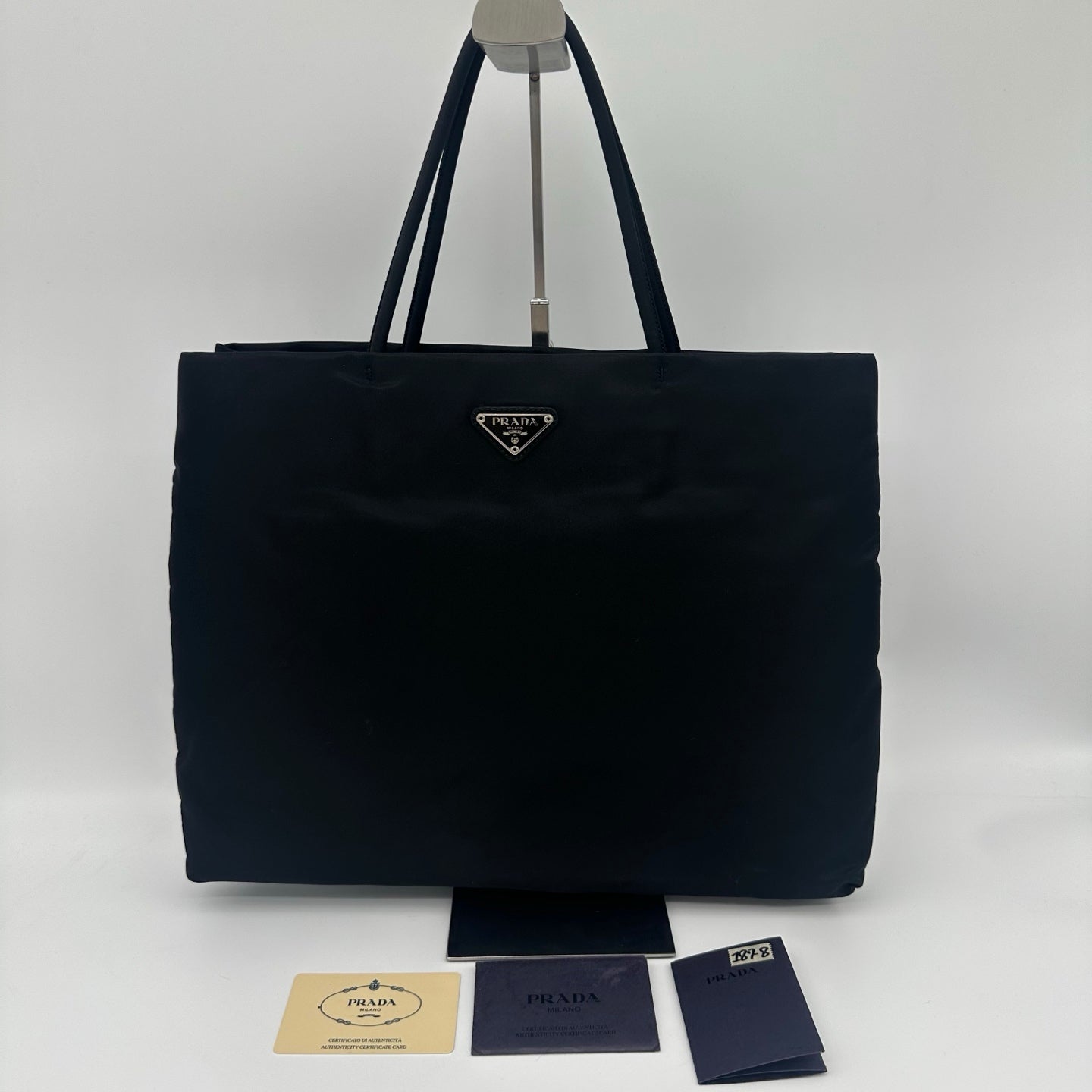 Prada Nylon Tote Bag in Black with Silver Hardware [Used]
