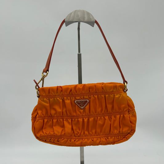 Prada Pleated Leather Shoulder Bag in Orange with Gold Hardware [Used]