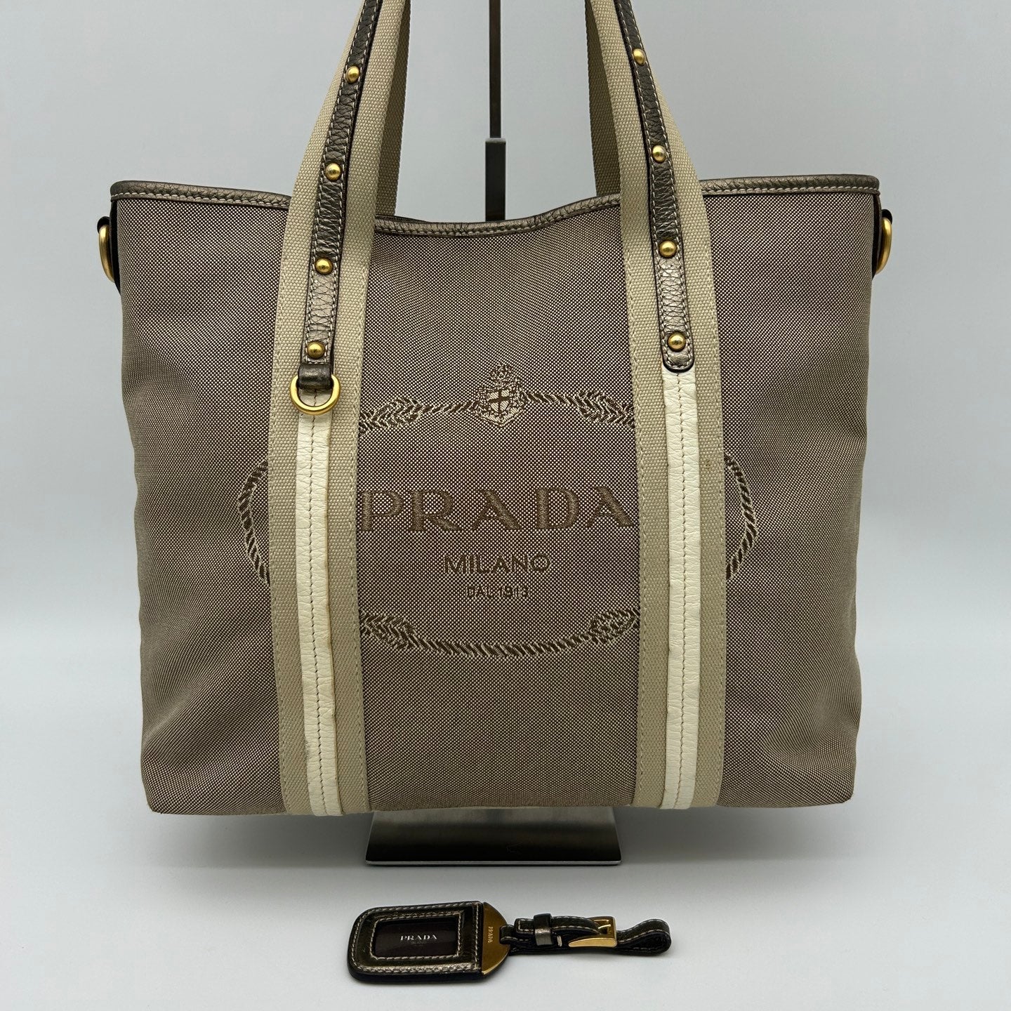 Prada Canvas Tote Bag in Beige with Leather Trim [Used]