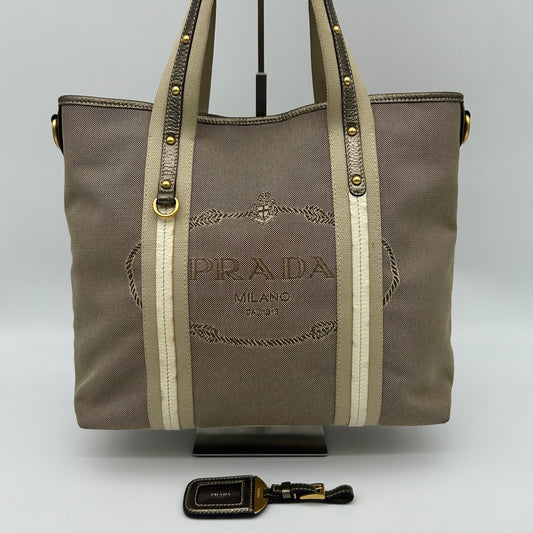 Prada Canvas Tote Bag in Beige with Leather Trim [Used]