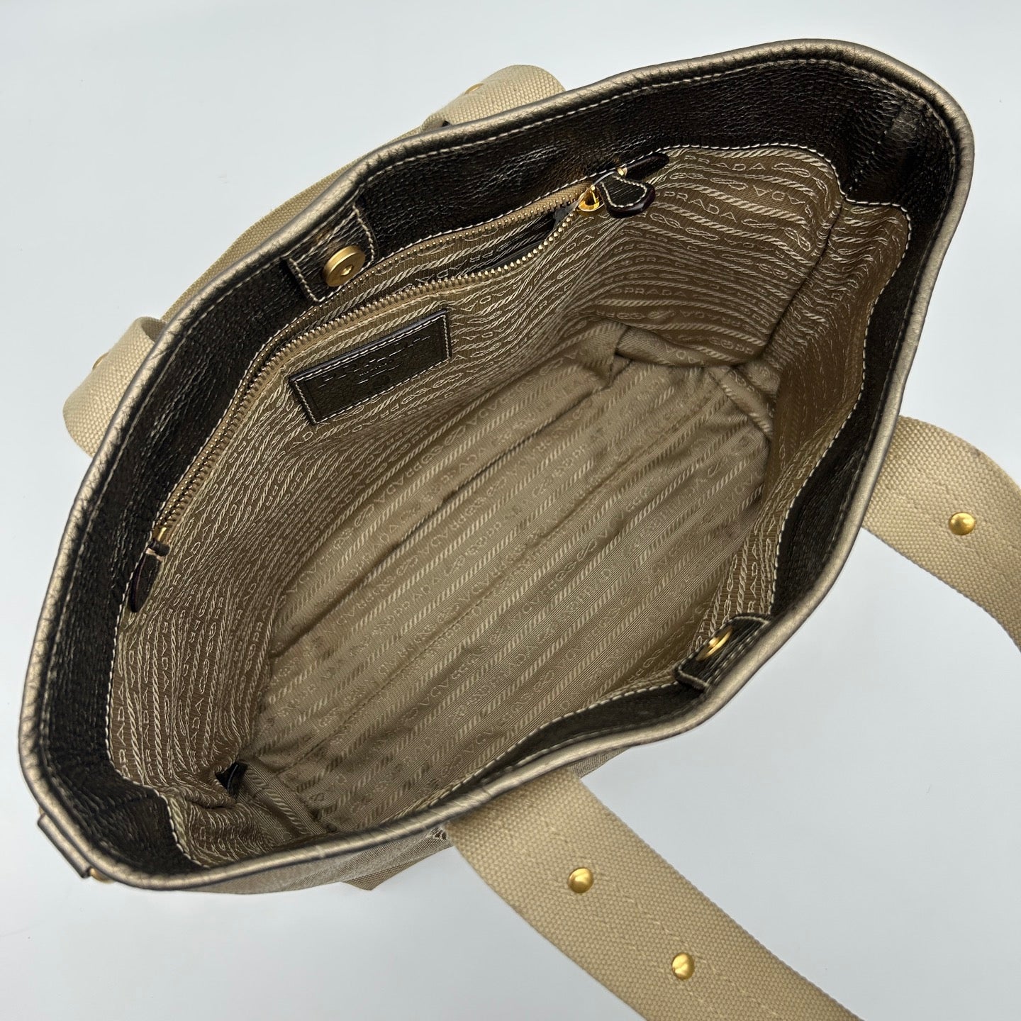 Prada Canvas Tote Bag in Beige with Leather Trim [Used]