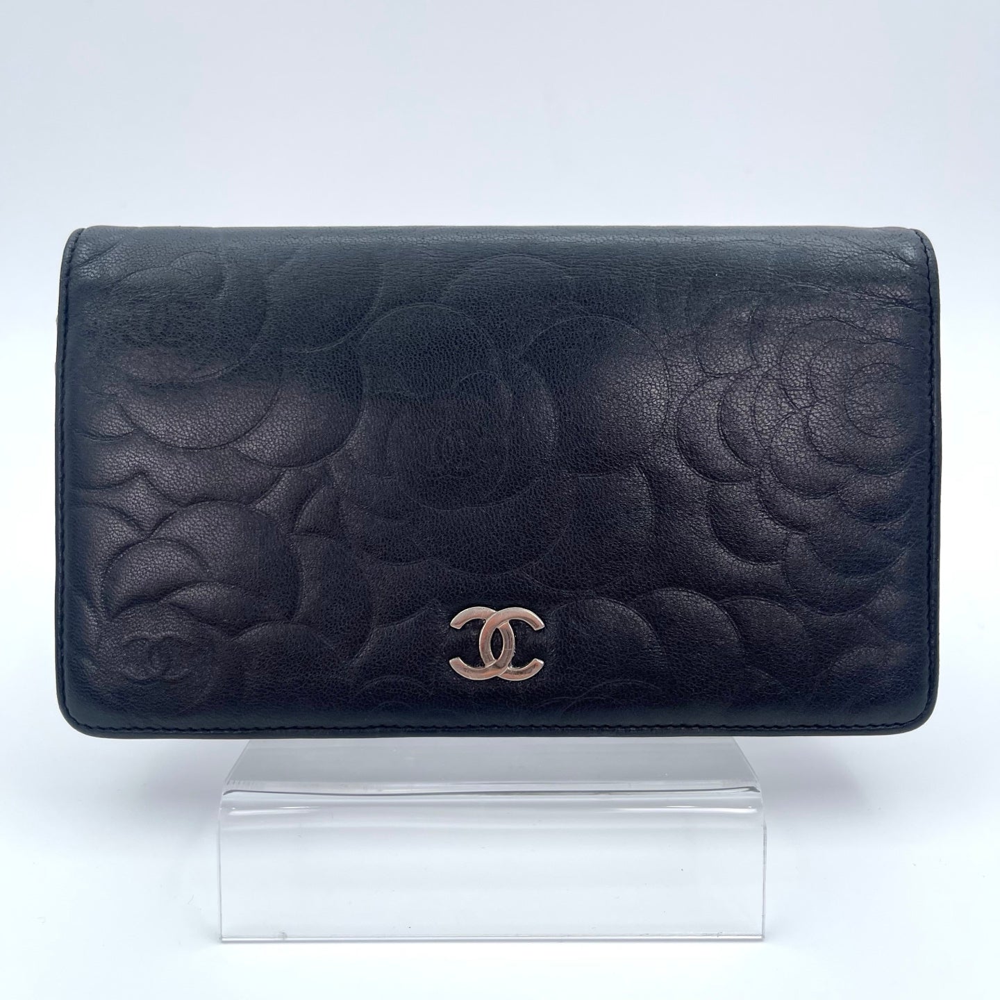 Chanel Camellia Embossed Long Folding Wallet in Black Lambskin/Silver Hardware [Used]