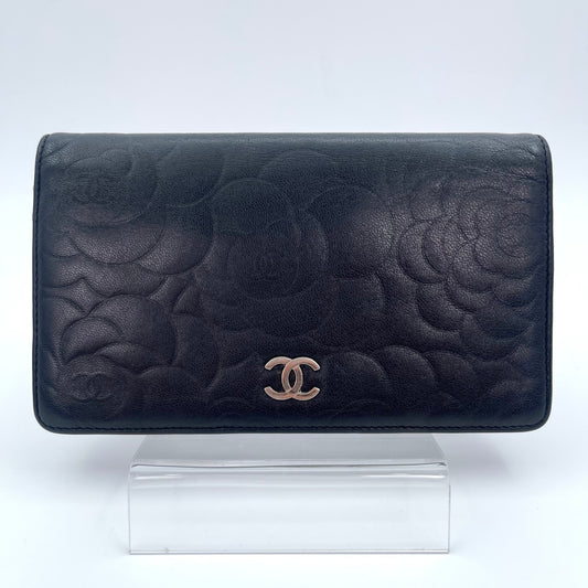 Chanel Camellia Embossed Long Folding Wallet in Black Lambskin/Silver Hardware [Used]