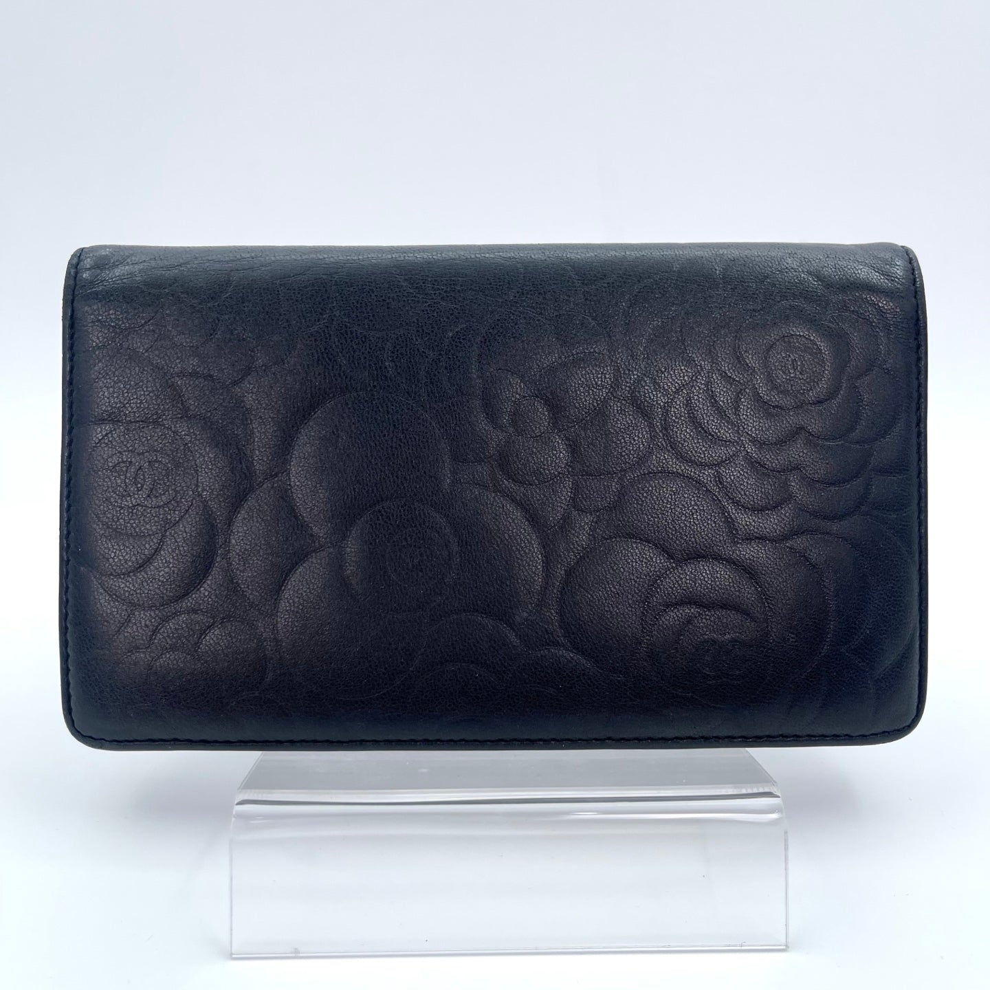 Chanel Camellia Embossed Long Folding Wallet in Black Lambskin/Silver Hardware [Used]