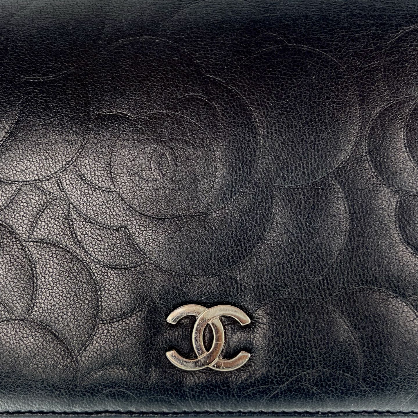 Chanel Camellia Embossed Long Folding Wallet in Black Lambskin/Silver Hardware [Used]