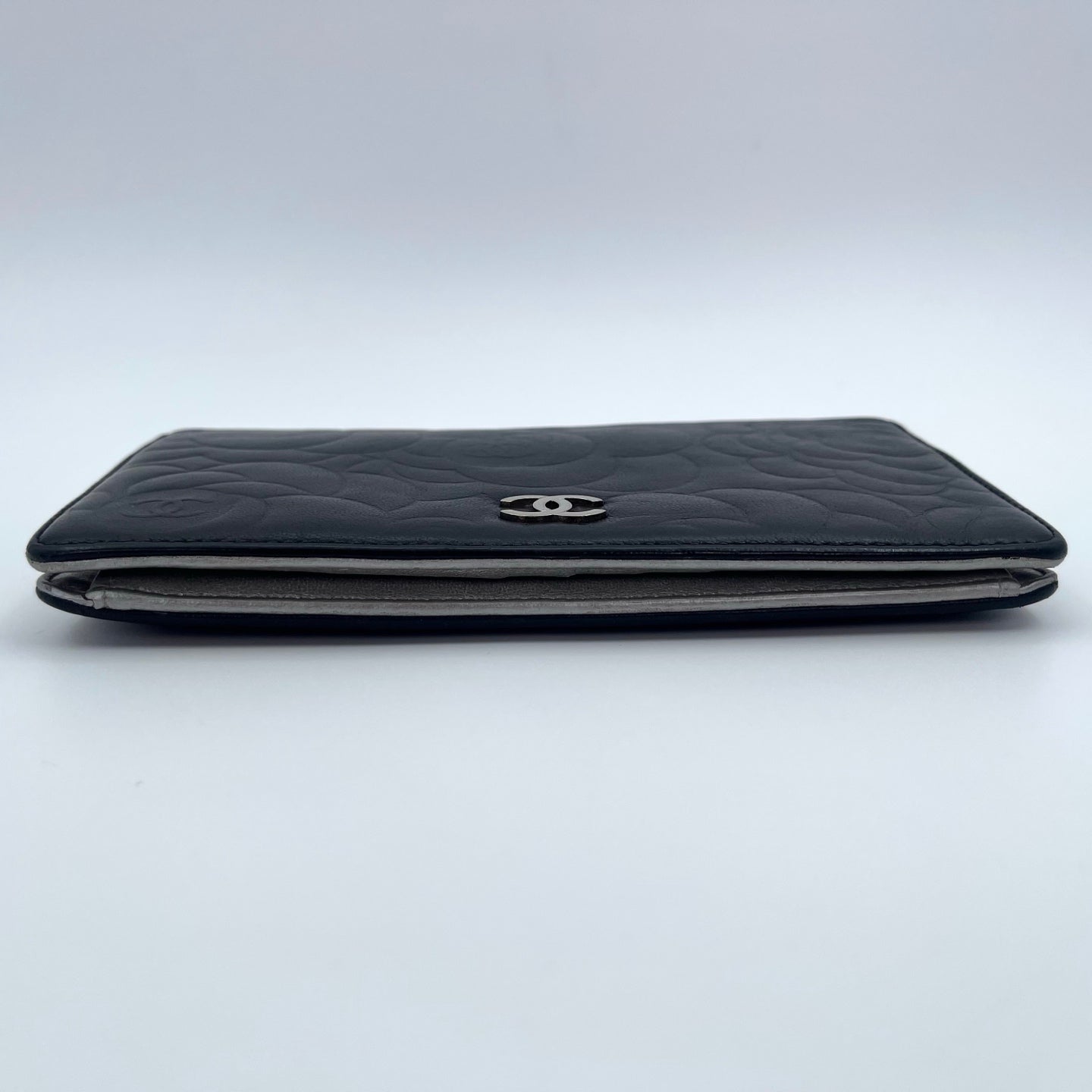 Chanel Camellia Embossed Long Folding Wallet in Black Lambskin/Silver Hardware [Used]