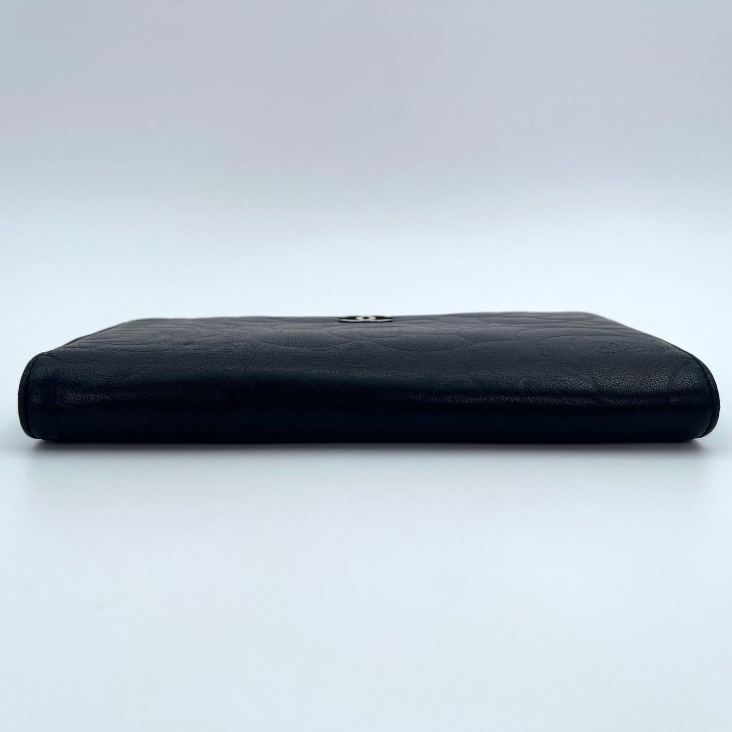 Chanel Camellia Embossed Long Folding Wallet in Black Lambskin/Silver Hardware [Used]