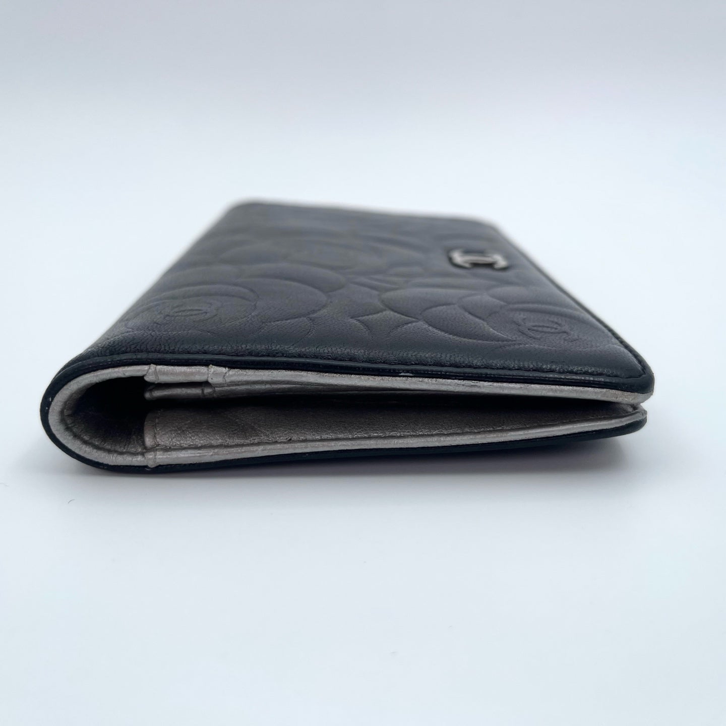 Chanel Camellia Embossed Long Folding Wallet in Black Lambskin/Silver Hardware [Used]