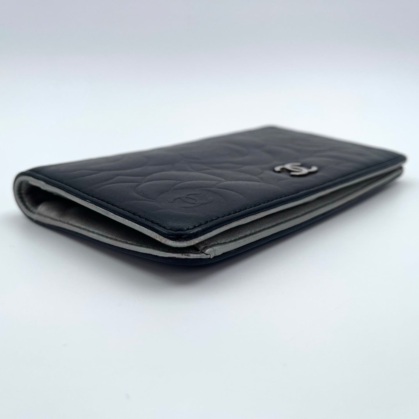 Chanel Camellia Embossed Long Folding Wallet in Black Lambskin/Silver Hardware [Used]