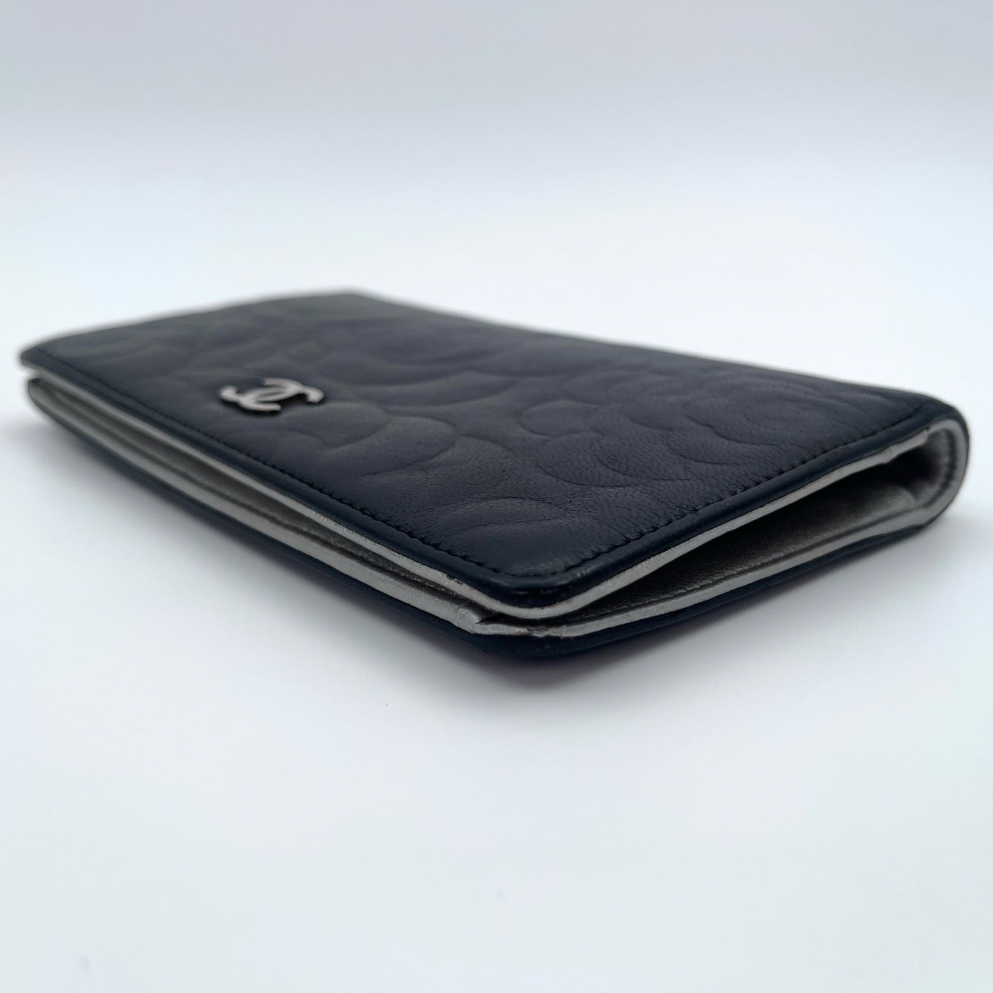 Chanel Camellia Embossed Long Folding Wallet in Black Lambskin/Silver Hardware [Used]