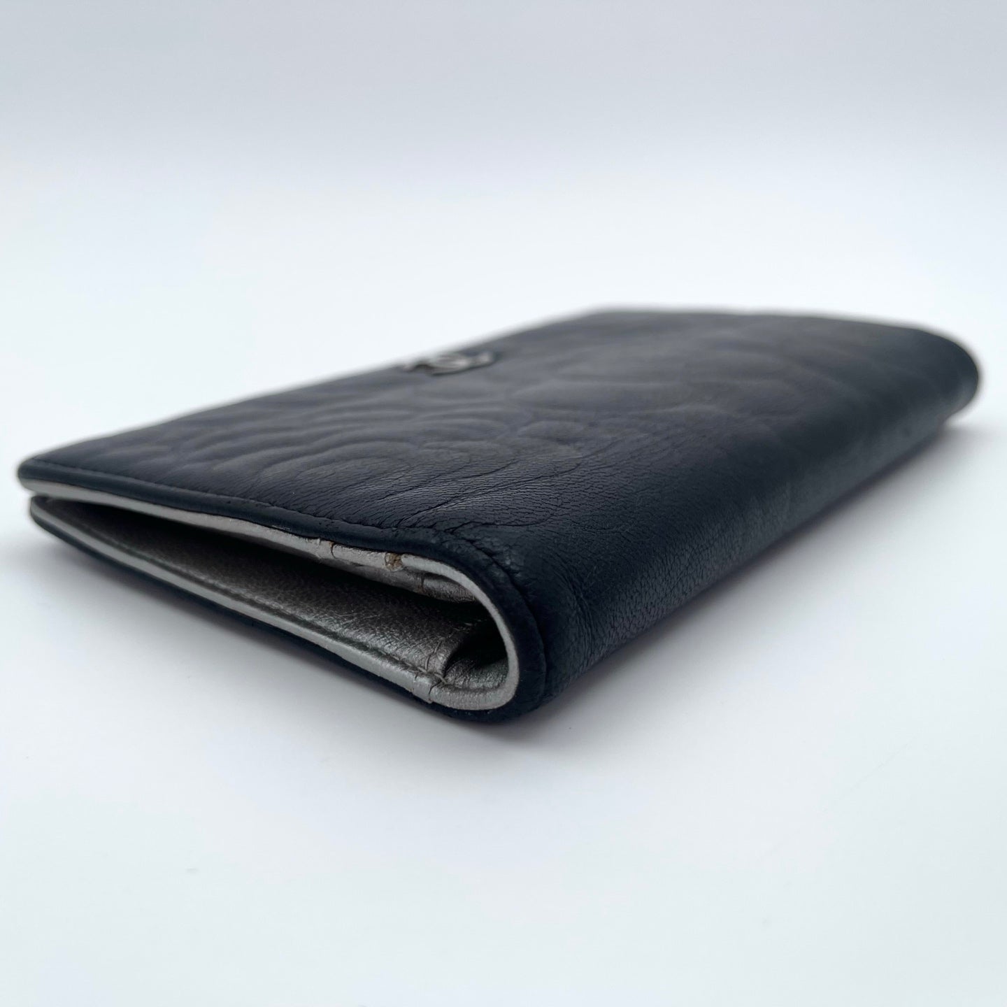 Chanel Camellia Embossed Long Folding Wallet in Black Lambskin/Silver Hardware [Used]