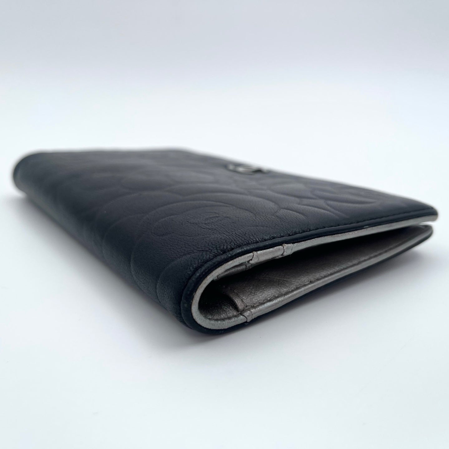 Chanel Camellia Embossed Long Folding Wallet in Black Lambskin/Silver Hardware [Used]