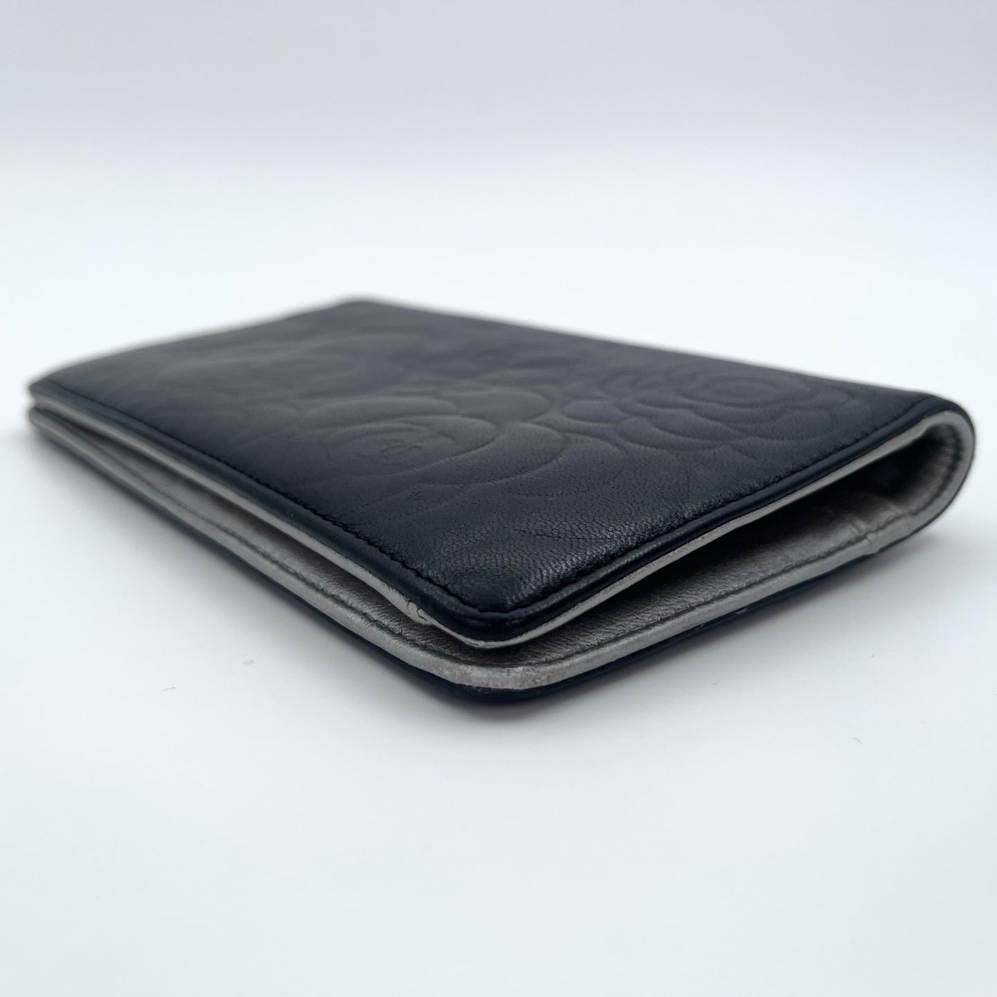 Chanel Camellia Embossed Long Folding Wallet in Black Lambskin/Silver Hardware [Used]