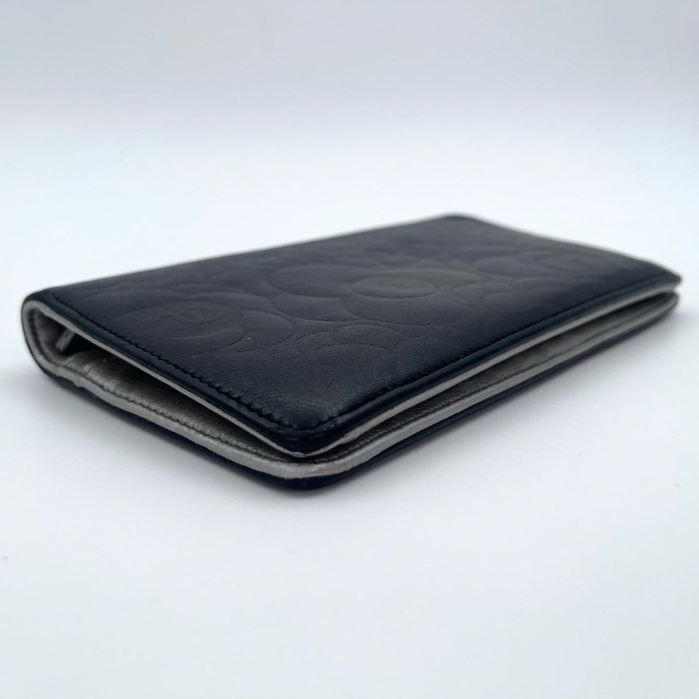 Chanel Camellia Embossed Long Folding Wallet in Black Lambskin/Silver Hardware [Used]