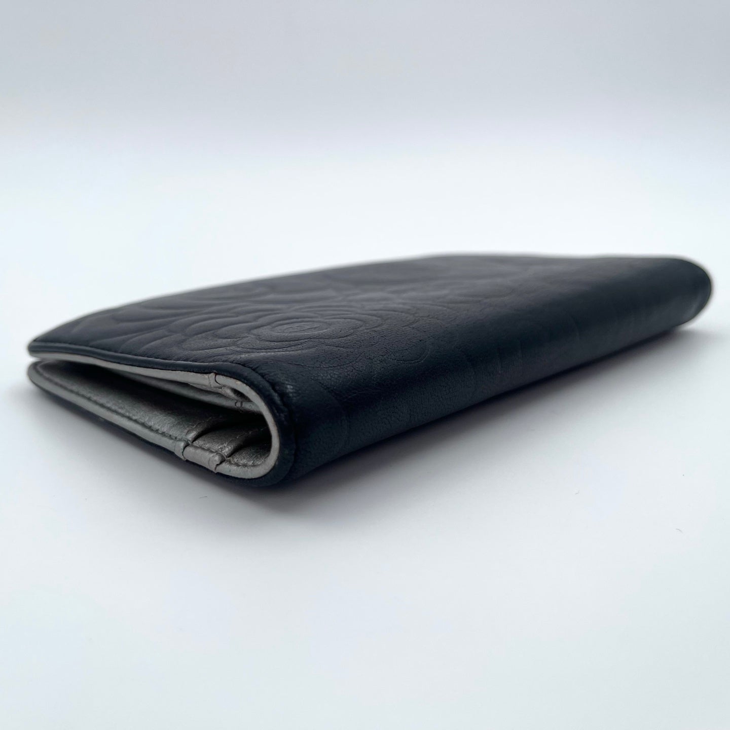Chanel Camellia Embossed Long Folding Wallet in Black Lambskin/Silver Hardware [Used]