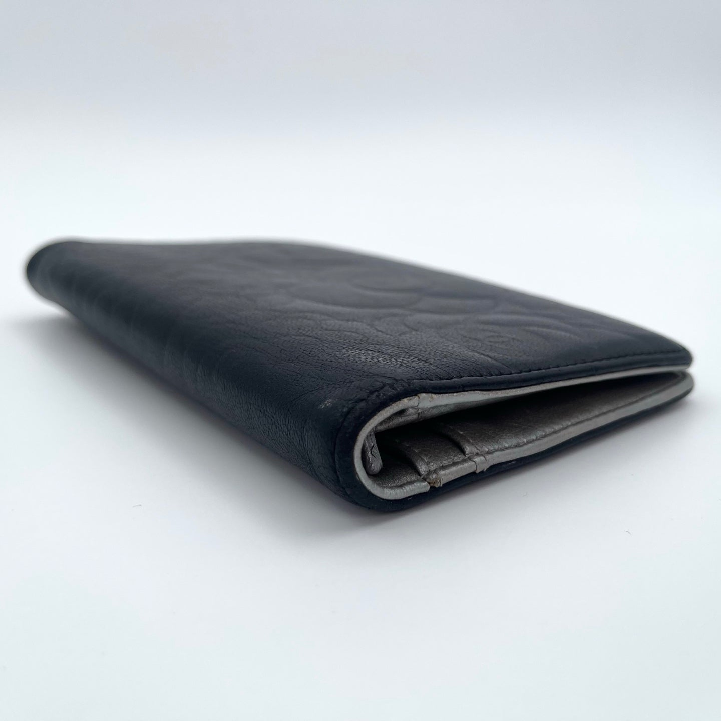 Chanel Camellia Embossed Long Folding Wallet in Black Lambskin/Silver Hardware [Used]