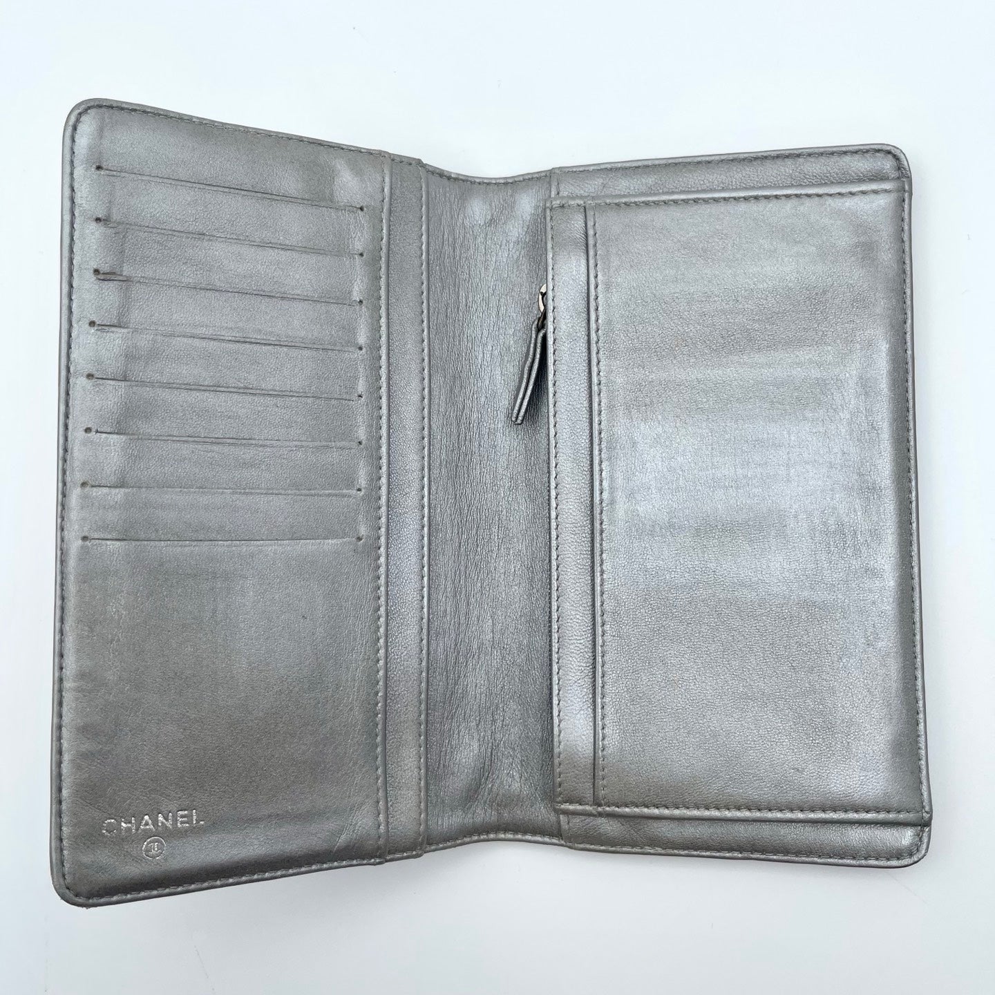 Chanel Camellia Embossed Long Folding Wallet in Black Lambskin/Silver Hardware [Used]