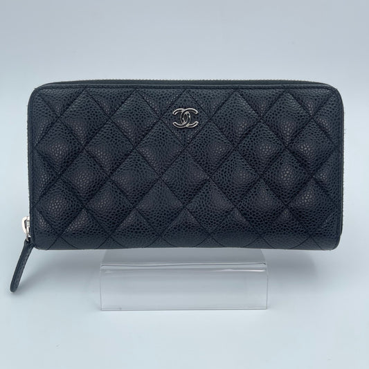 Chanel Quilted Caviar Long Wallet in Black / Silver Hardware [Used]