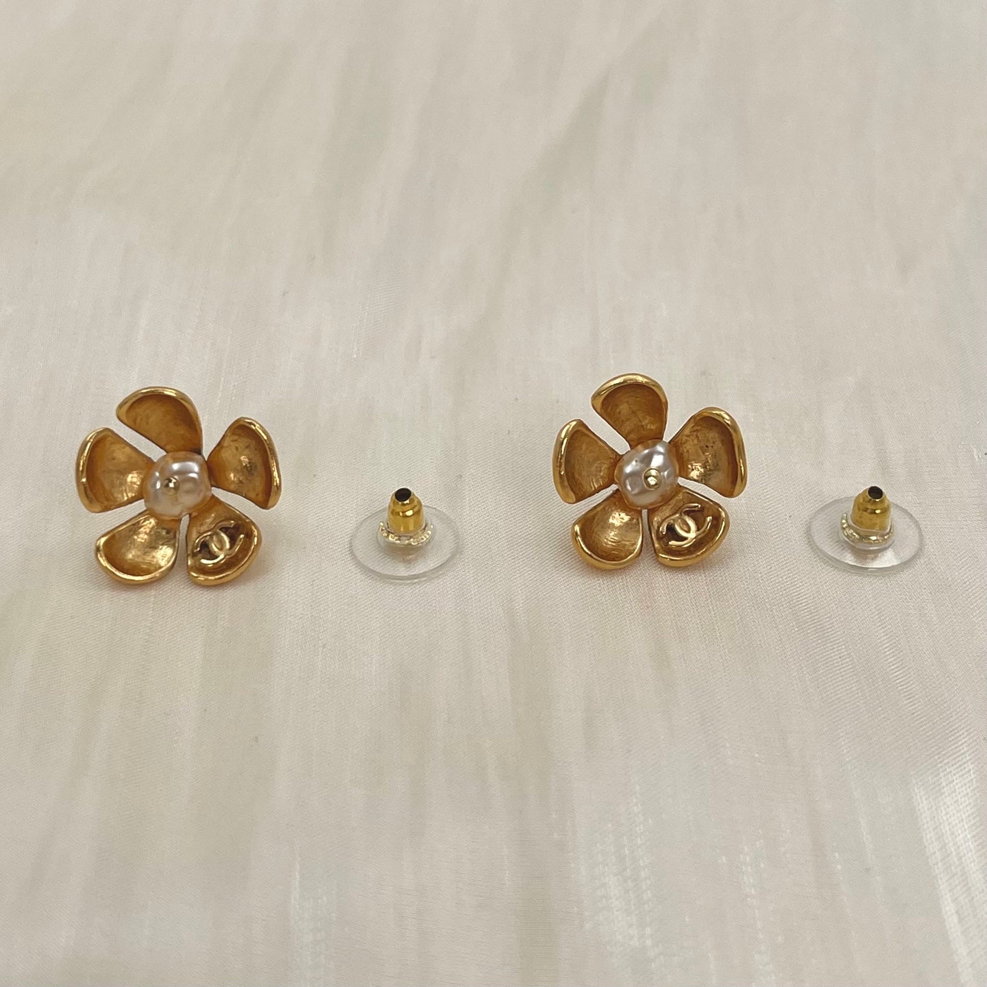 Chanel Vintage Rich Gold Camellia Pearl-Accented Stud Earrings [Used]