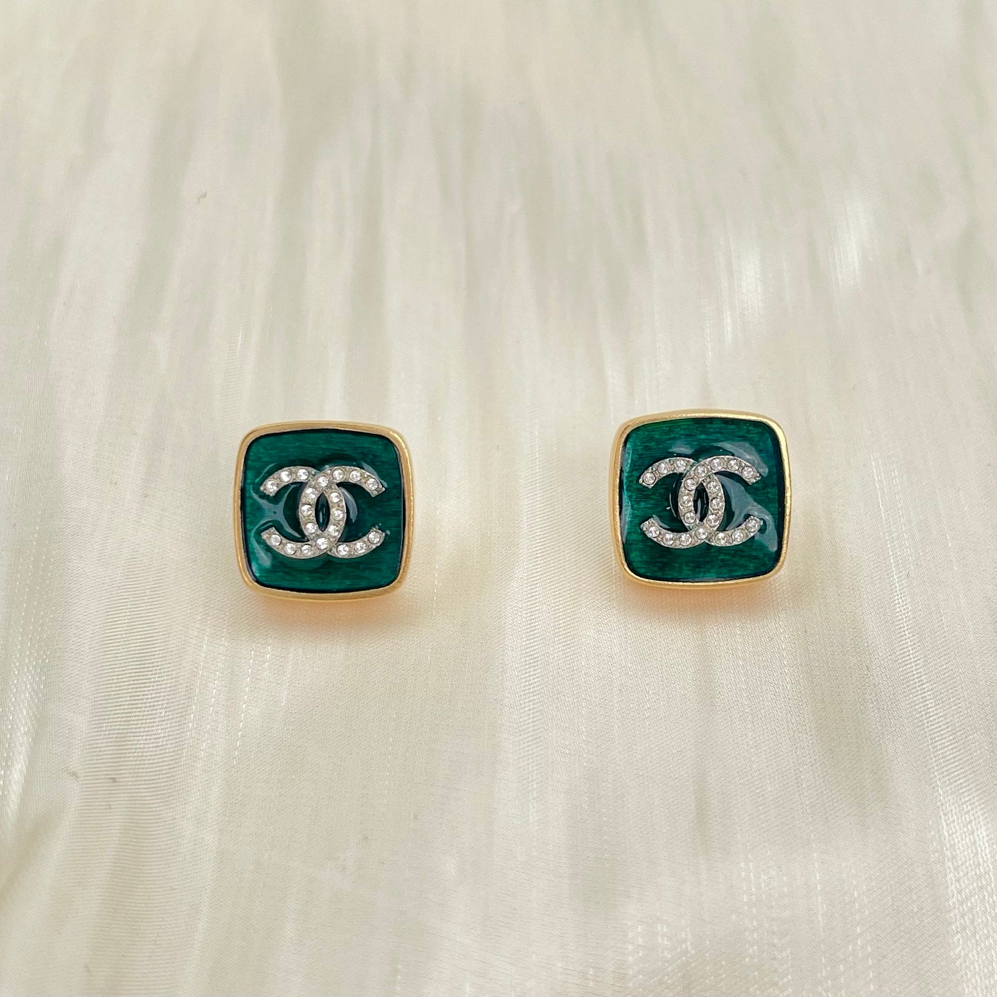 Chanel Green & Gold Square CC Stud Earrings [Used]