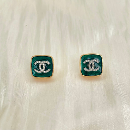 Chanel Green & Gold Square CC Stud Earrings [Used]