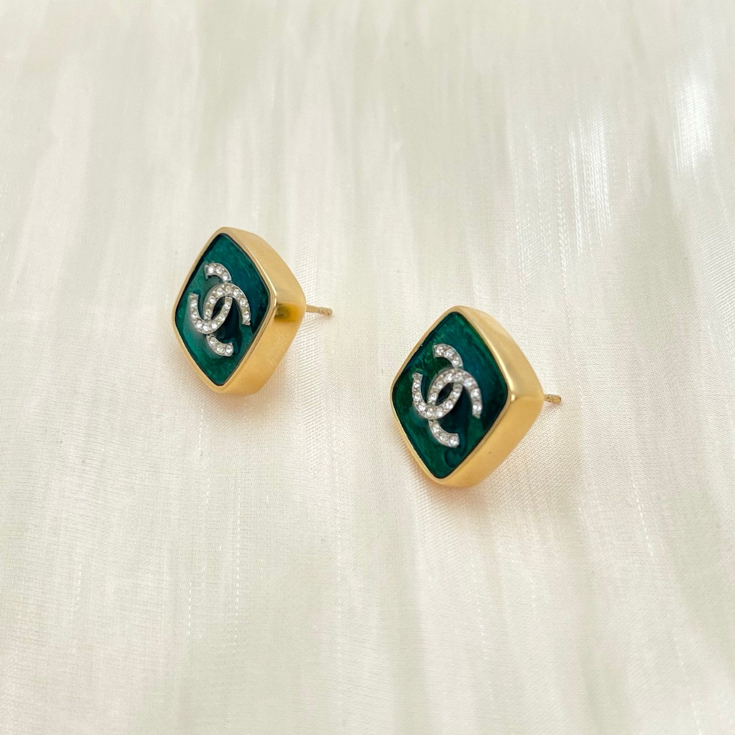 Chanel Green & Gold Square CC Stud Earrings [Used]