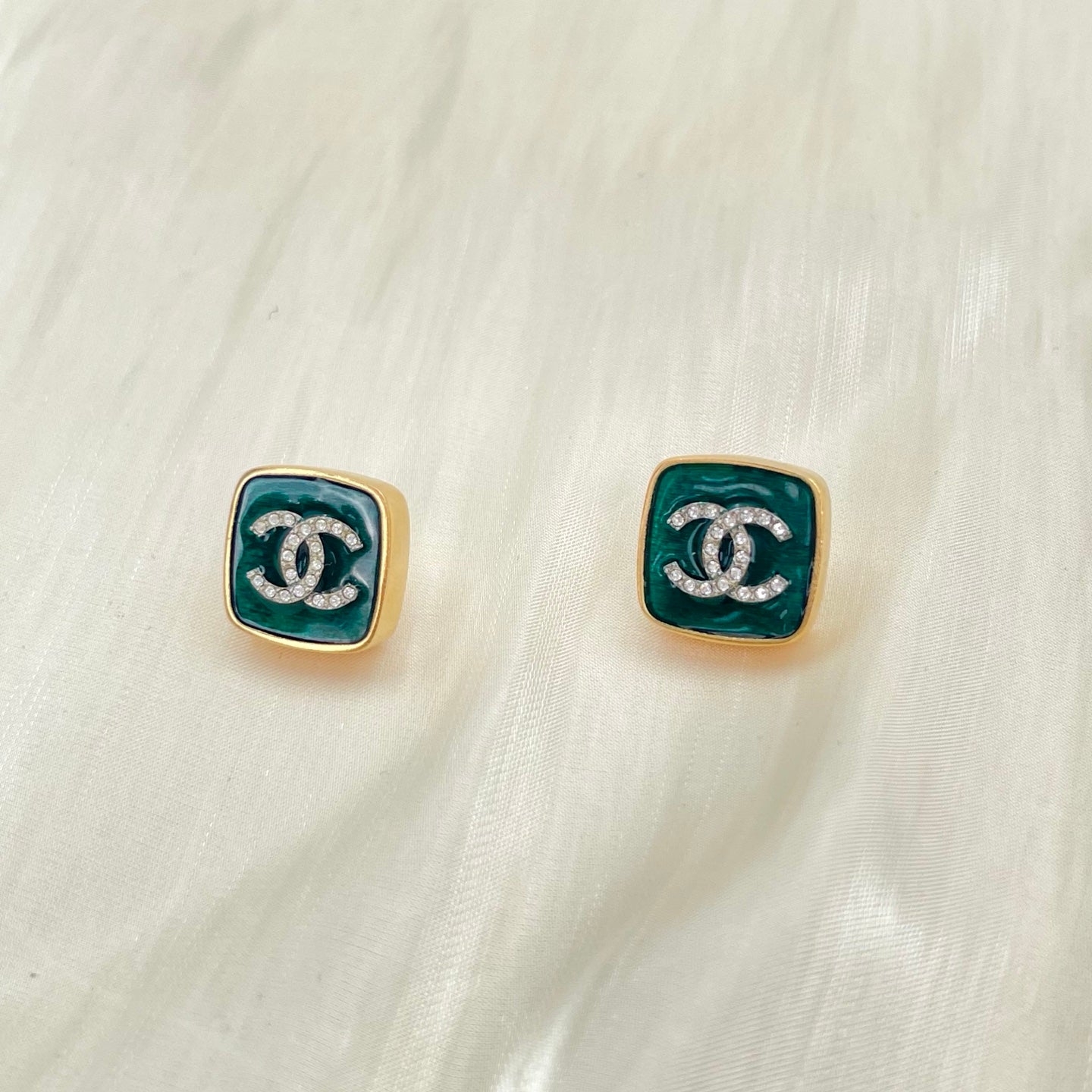 Chanel Green & Gold Square CC Stud Earrings [Used]