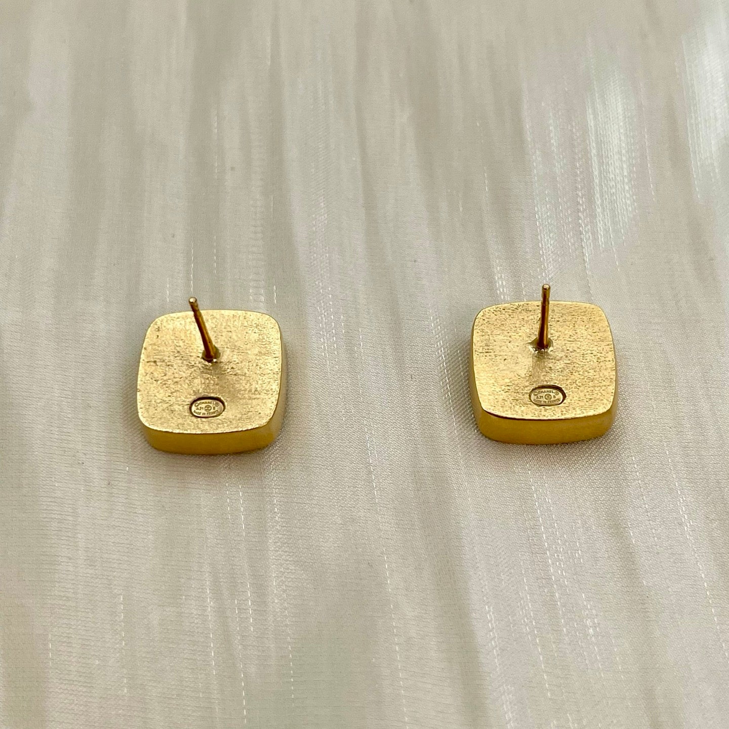 Chanel Green & Gold Square CC Stud Earrings [Used]