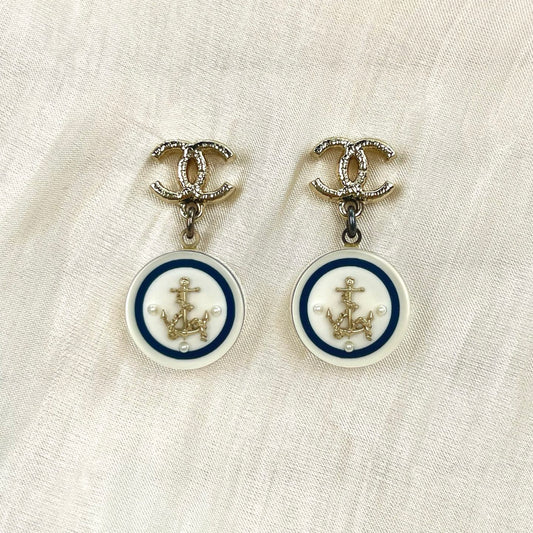 Chanel Pale Gold CC Logo Acrylic & Alloy Anchor Drop Stud Earrings[Used]