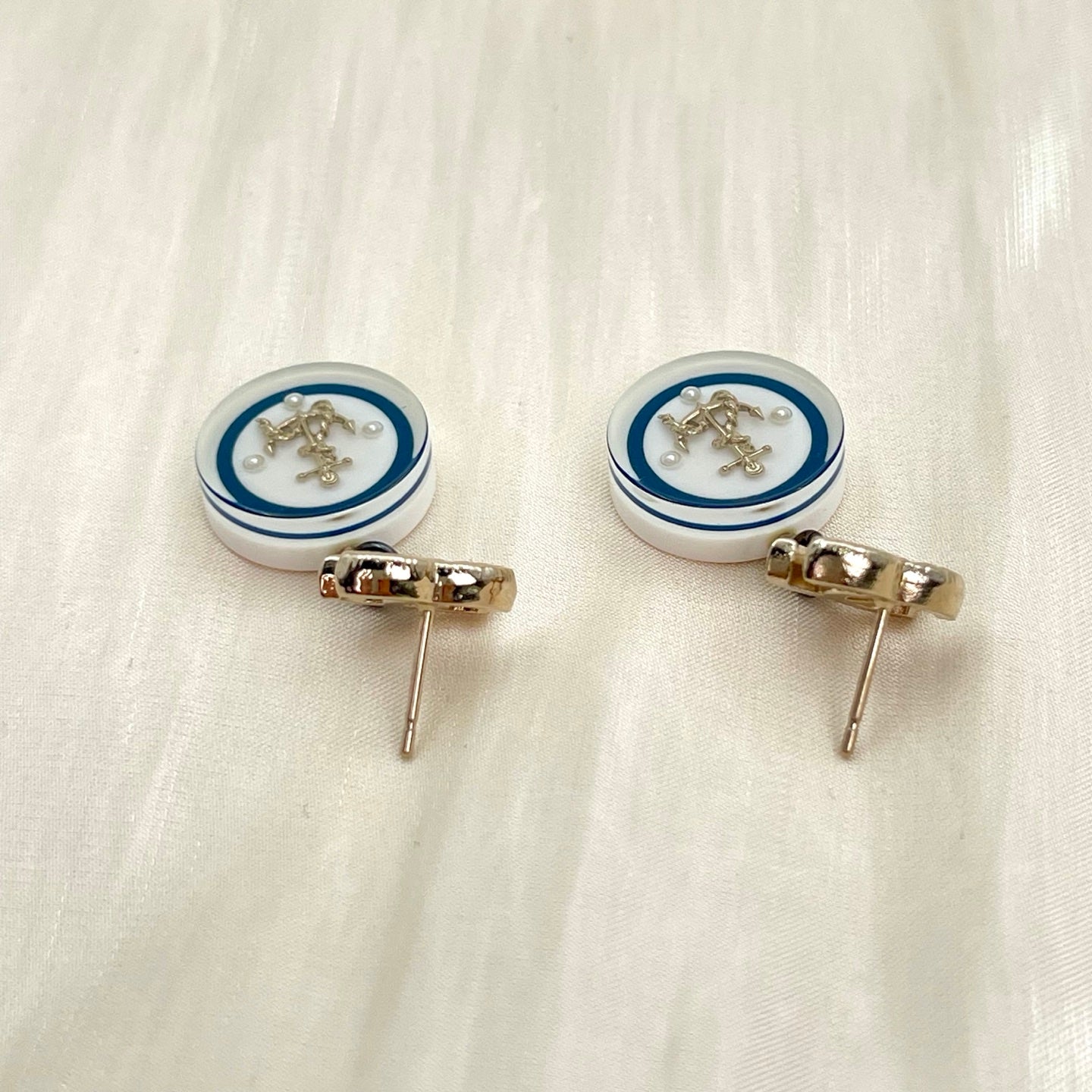 Chanel Pale Gold CC Logo Acrylic & Alloy Anchor Drop Stud Earrings[Used]