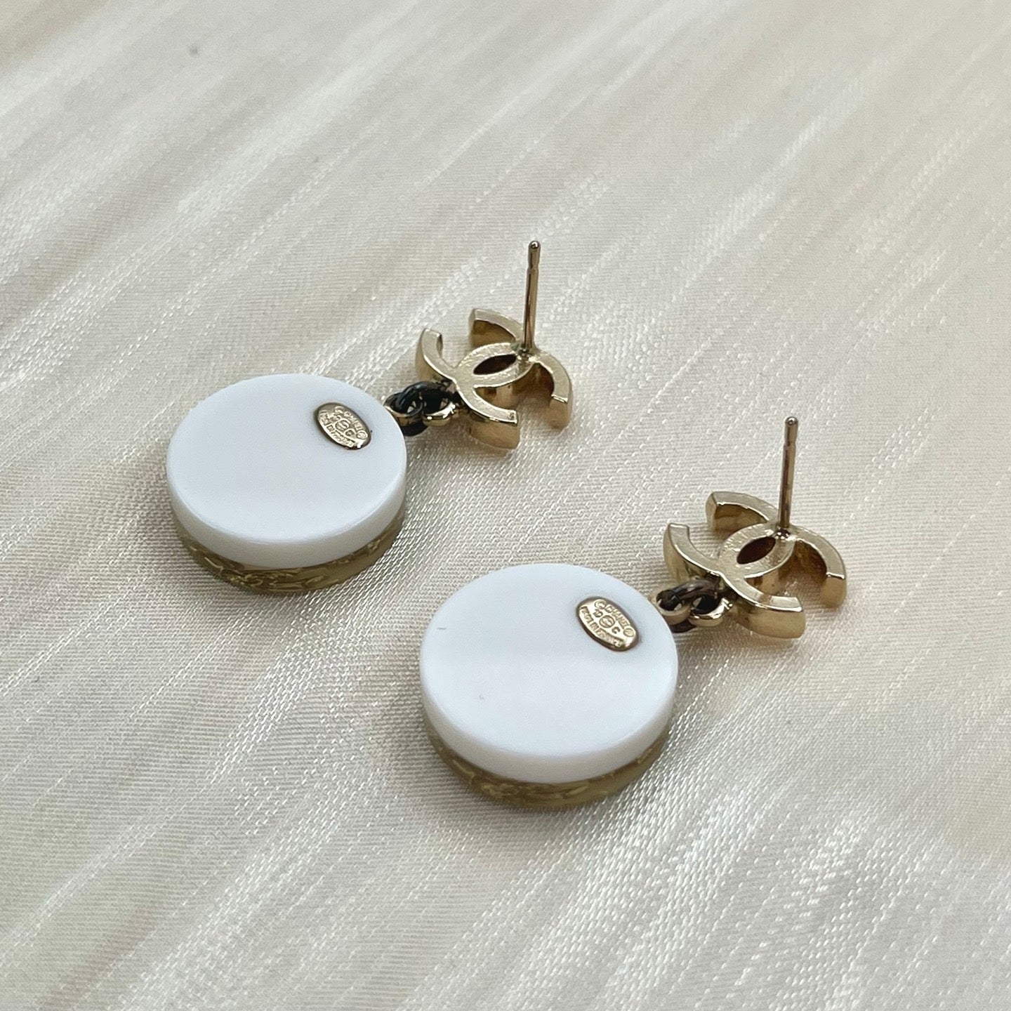 Chanel Pale Gold CC Logo Acrylic & Alloy Anchor Drop Stud Earrings[Used]