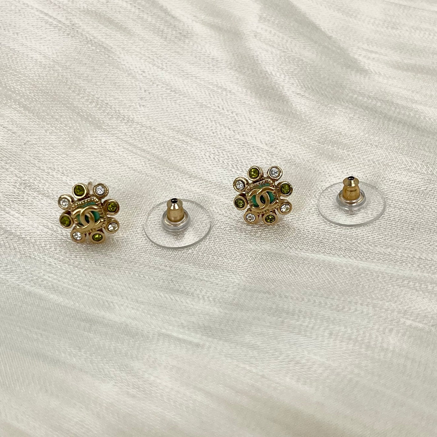 Chanel Pale Gold White & Green Rhinestone CC Stud Earrings [Used]
