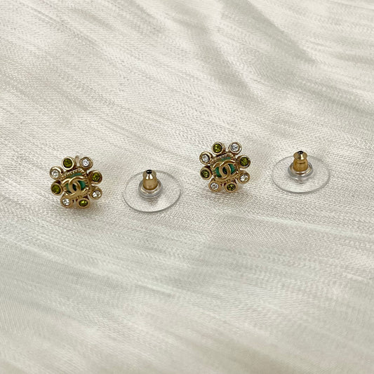 Chanel Pale Gold White & Green Rhinestone CC Stud Earrings [Used]