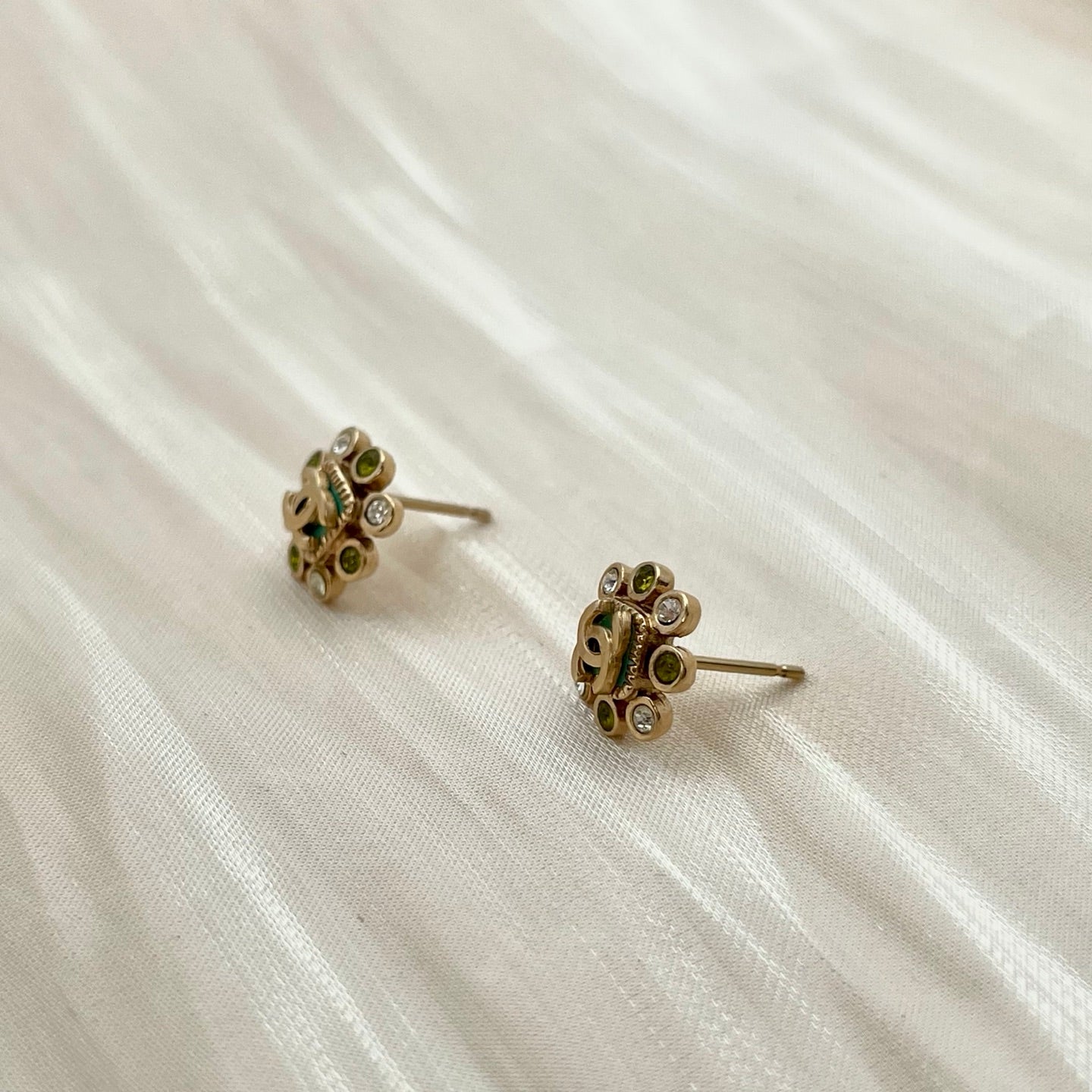 Chanel Pale Gold White & Green Rhinestone CC Stud Earrings [Used]