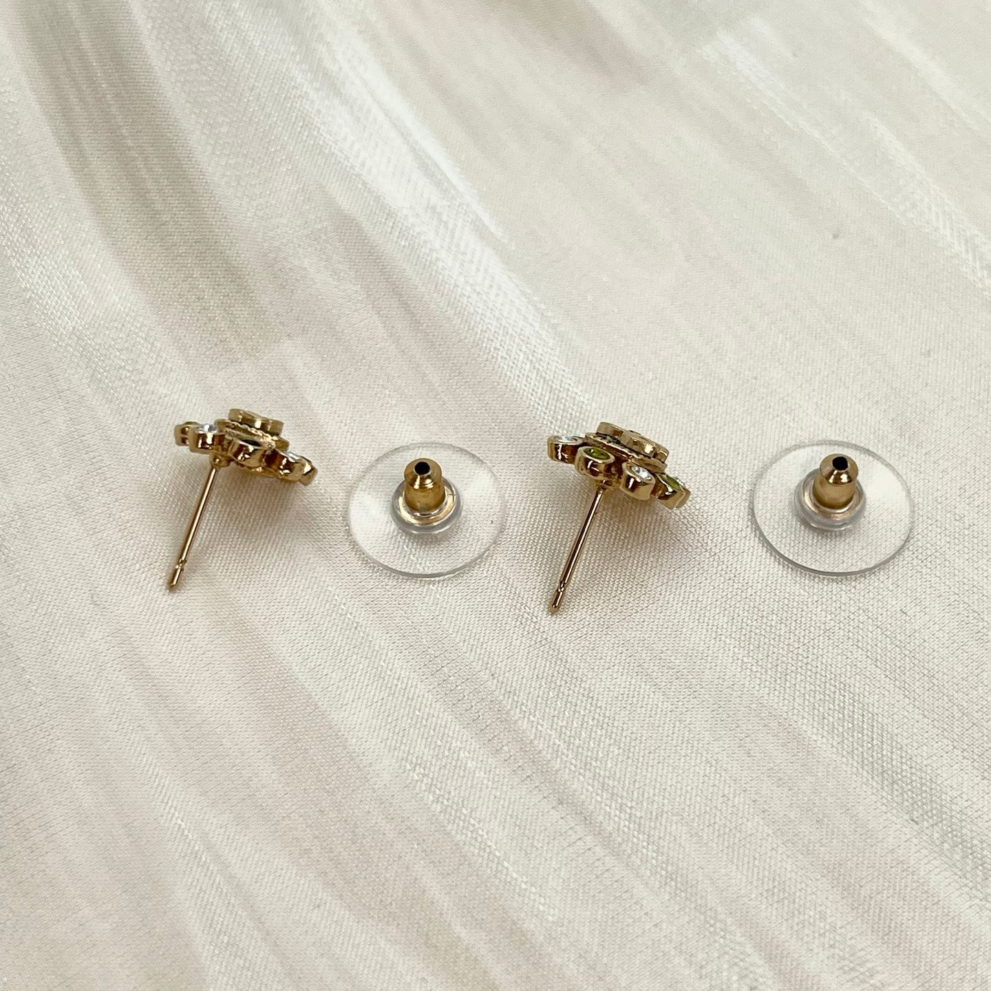 Chanel Pale Gold White & Green Rhinestone CC Stud Earrings [Used]