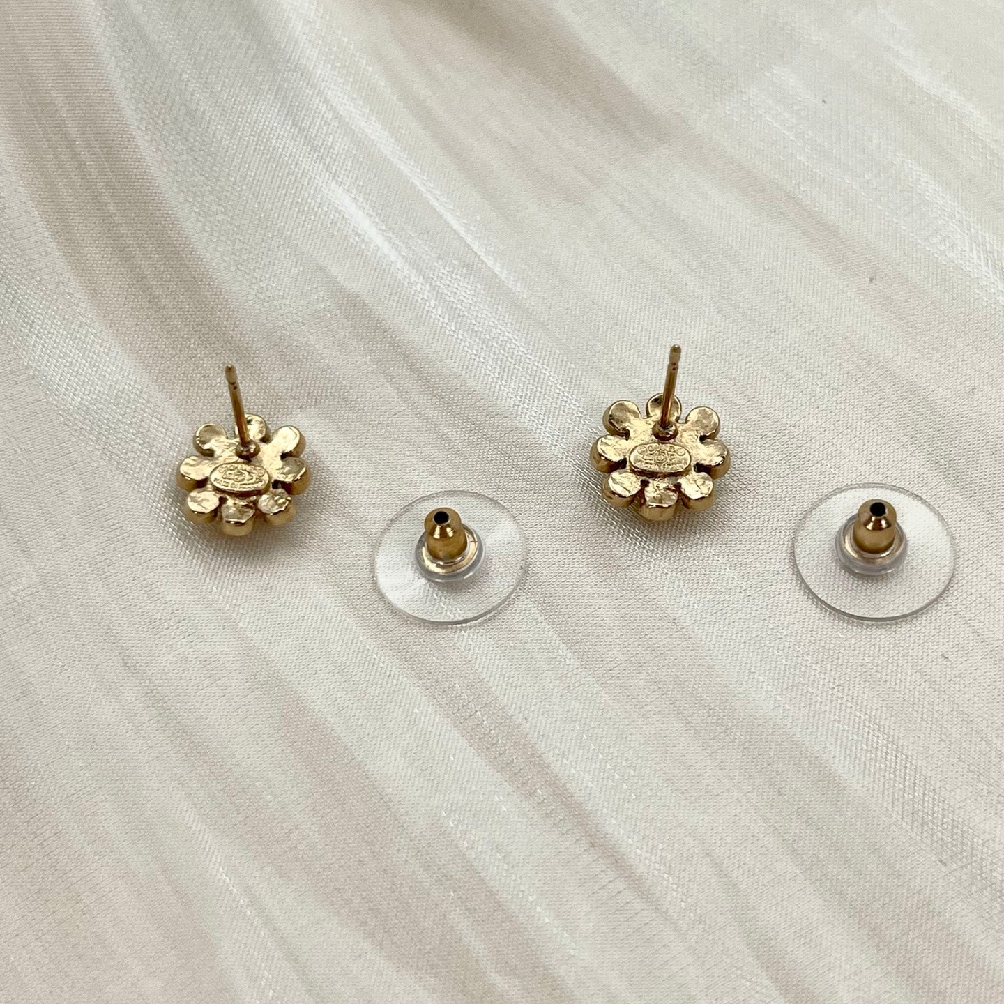 Chanel Pale Gold White & Green Rhinestone CC Stud Earrings [Used]