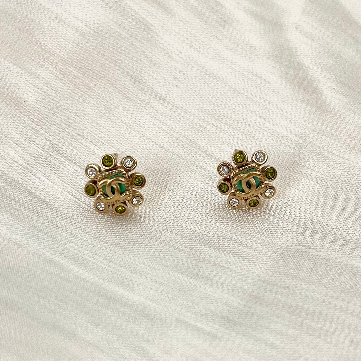 Chanel Pale Gold White & Green Rhinestone CC Stud Earrings [Used]