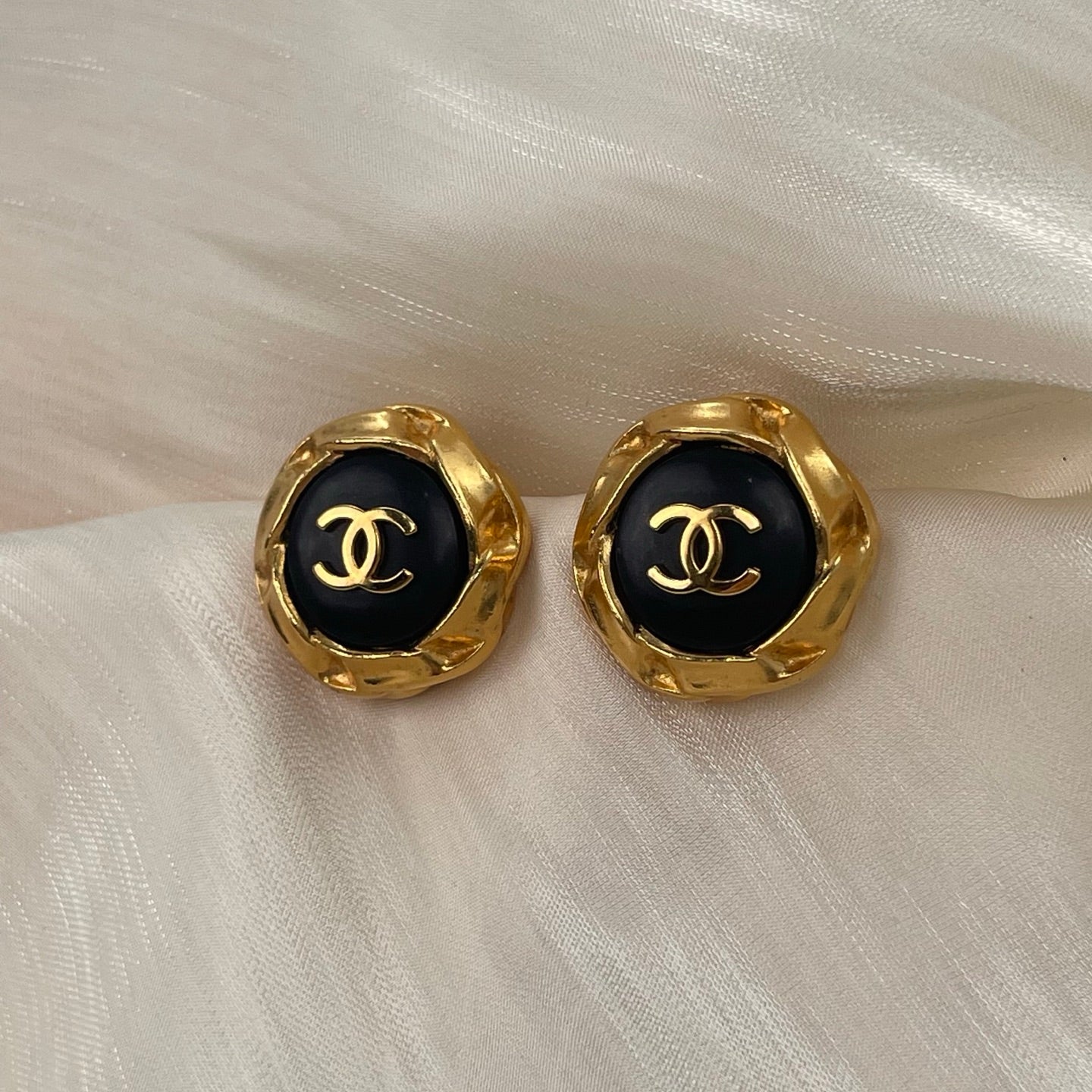 Chanel Vintage Rounded Black & Gold CC Clip-On Earrings [Used]