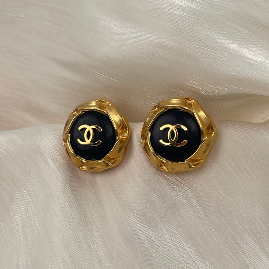 Chanel Vintage Rounded Black & Gold CC Clip-On Earrings [Used]