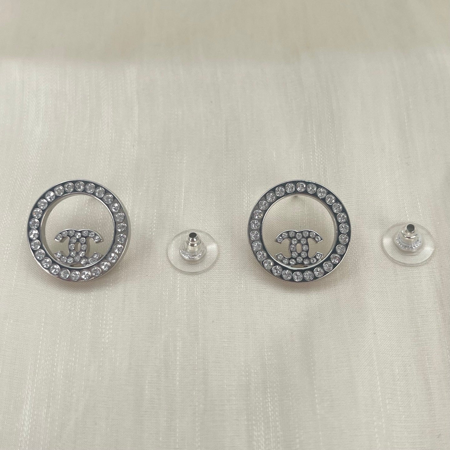 Chanel Silver Openwork Circle Full Rhinestone CC Stud Earrings [Used]
